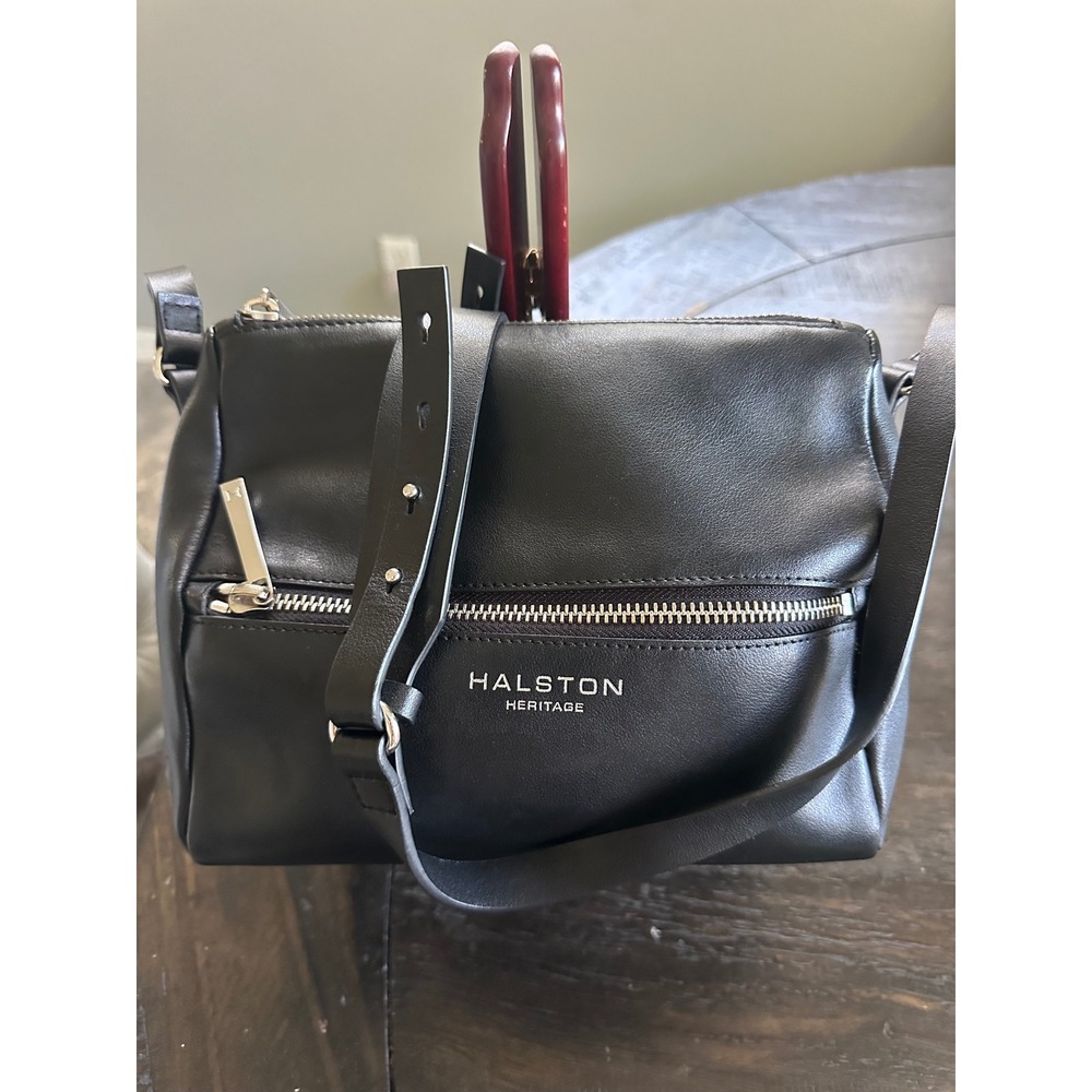 Halston Heritage Black Leather Crossbody Bag Silver Hardware Zip Pocket